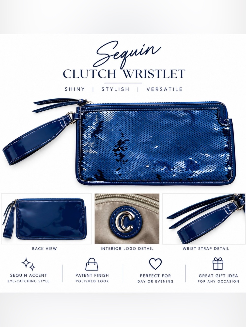 Blue Sequin Clutch Wristlet with Patent Trim